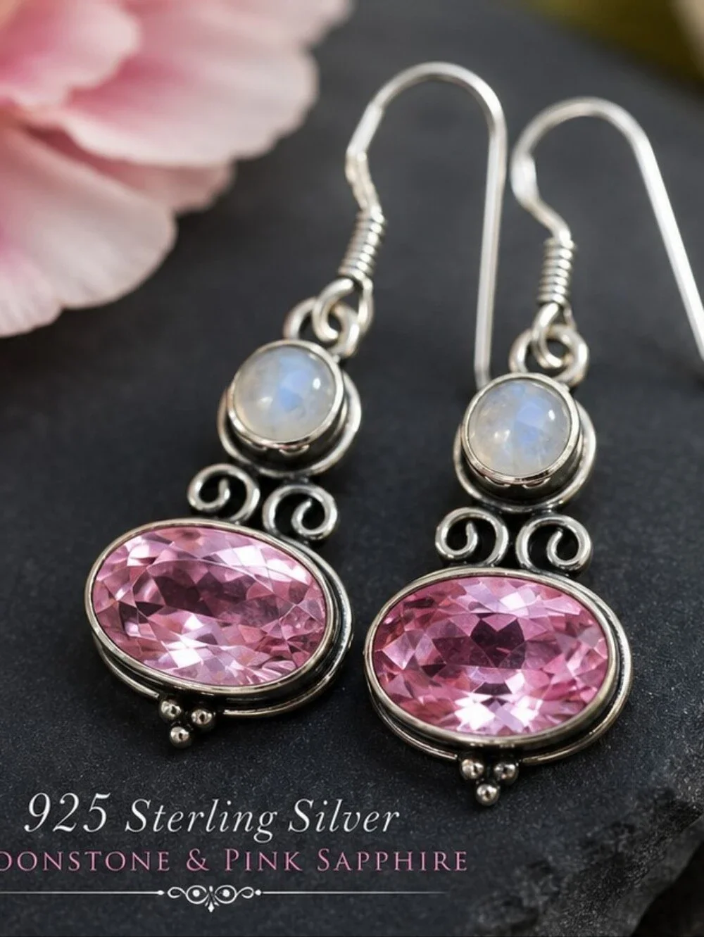 925 Sterling Silver Moonstone Pink Sapphire Earrings Natural Gemstone Dangle